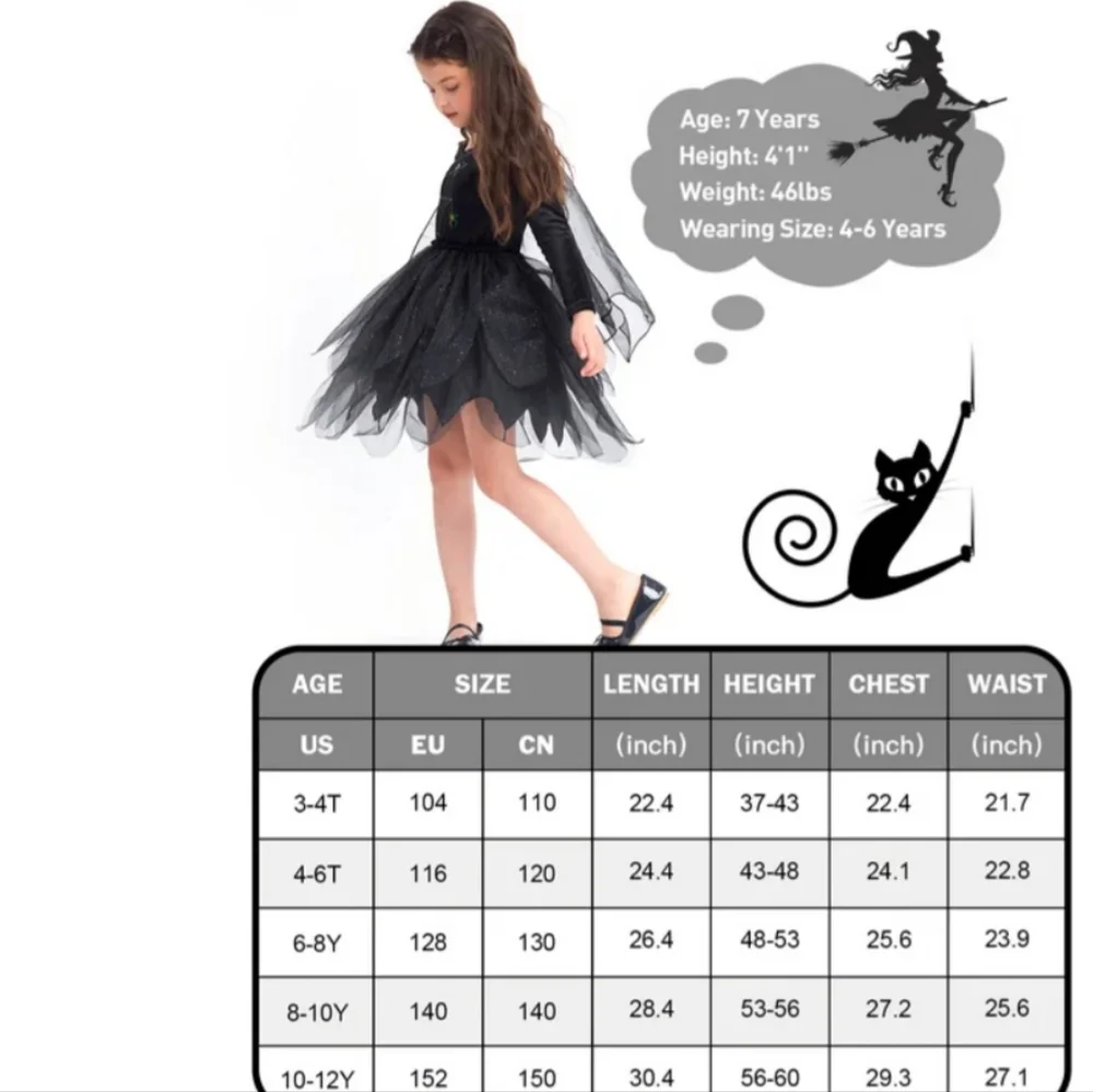 IKALI Black Witch Costume Girls 8-10 Years Spider Tutu Sparkle Dress Halloween